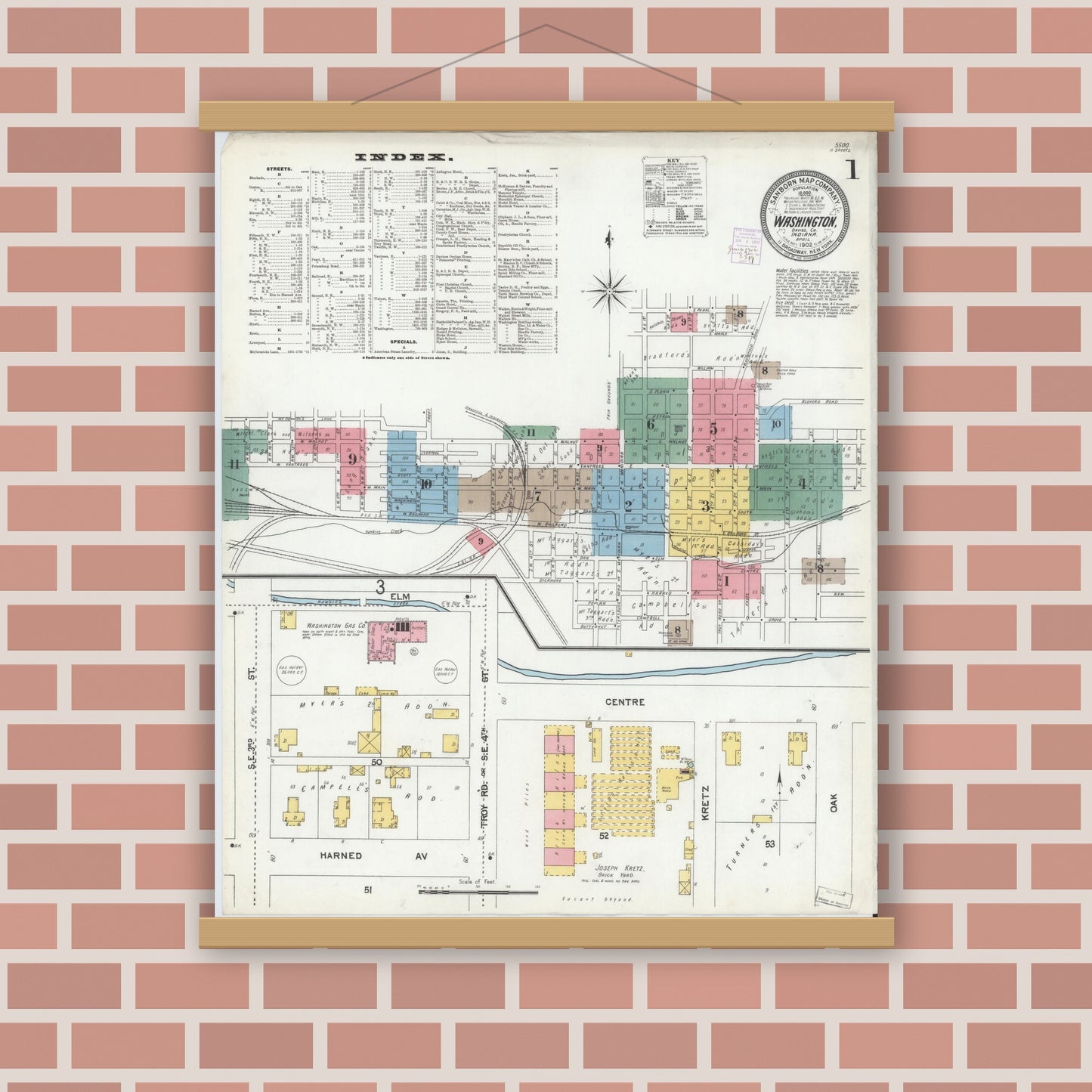 Old map wall art mockup — magnetic wood frame on brick wall — Sanborn Fire Insurance Map from Washington, Daviess County, Indiana (1902) - Complete Map Set
