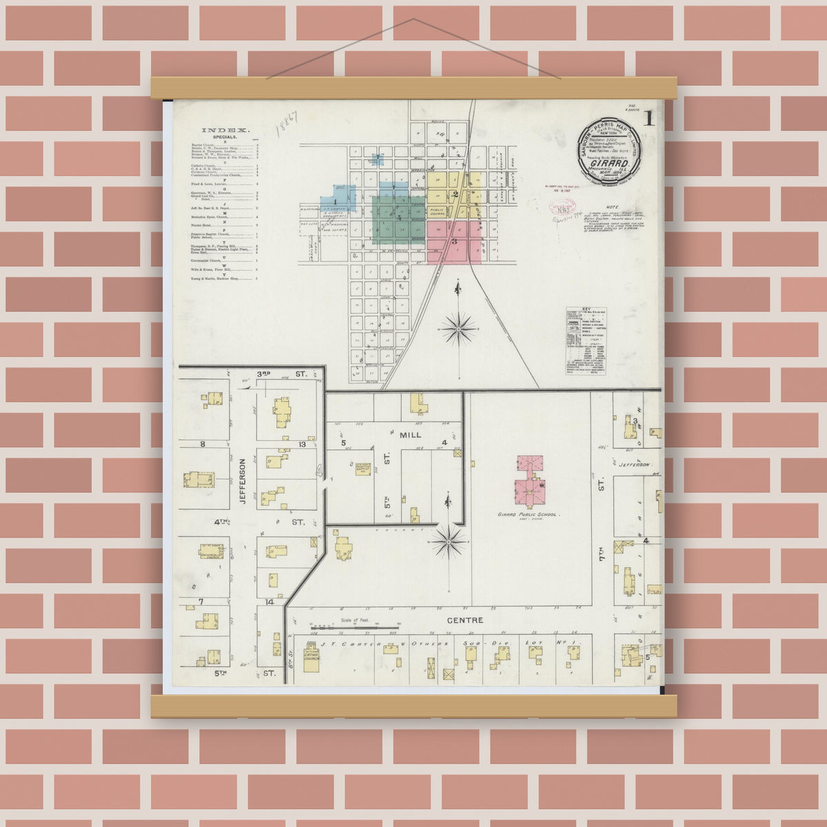 Old map wall art mockup — magnetic wood frame on brick wall — Sanborn Fire Insurance Map from Girard, Macoupin County, Illinois (1894), Sheet #0001