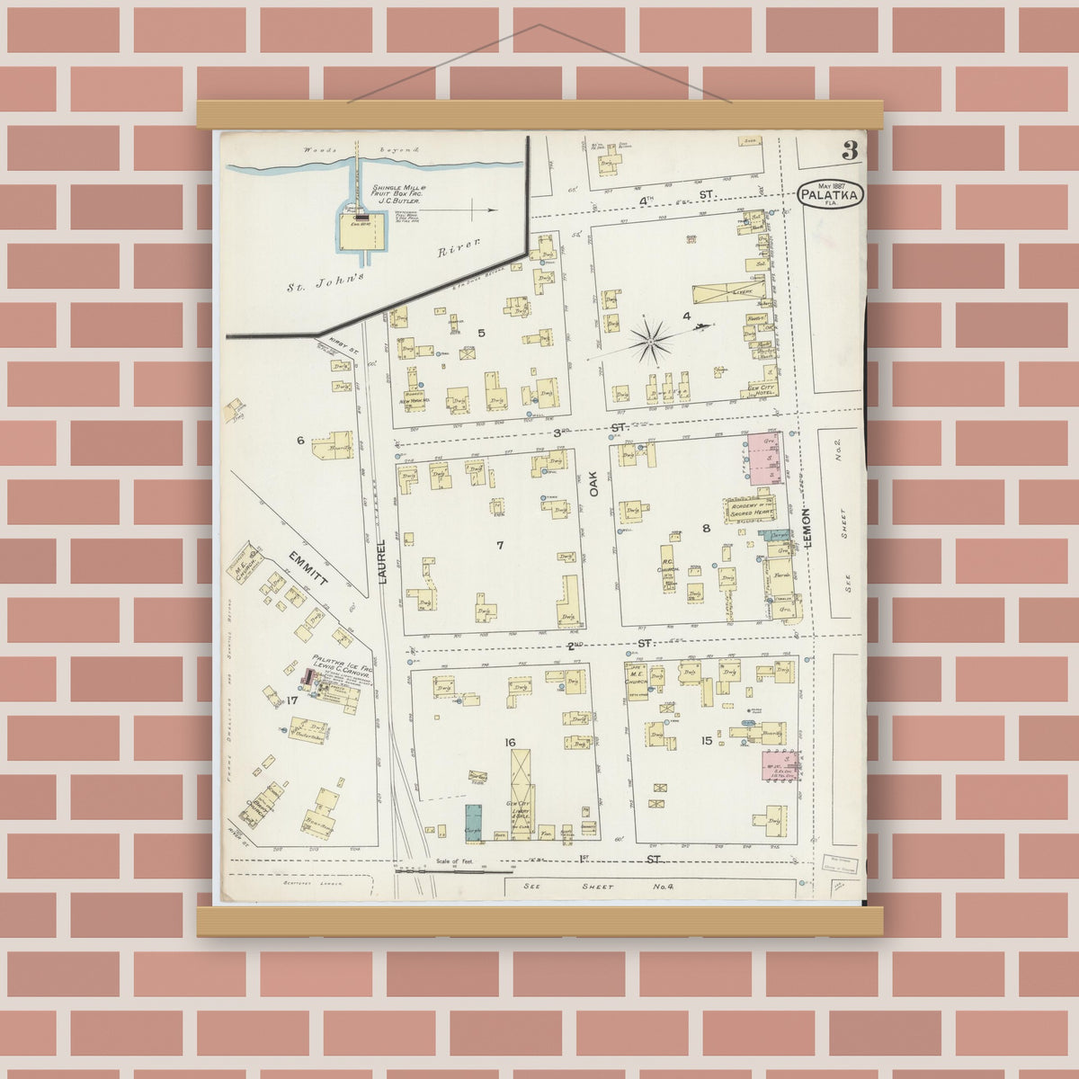 Old map wall art mockup — magnetic wood frame on brick wall — Sanborn Fire Insurance Map from Palatka, Putnam County, Florida (1887), Sheet #0003