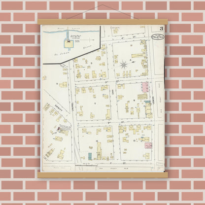 Old map wall art mockup — magnetic wood frame on brick wall — Sanborn Fire Insurance Map from Palatka, Putnam County, Florida (1887), Sheet #0003