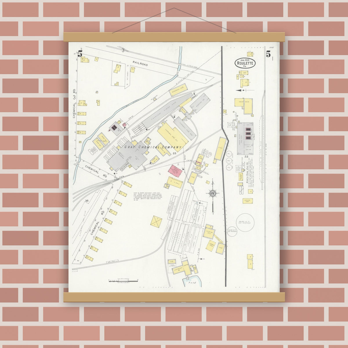 Old map wall art mockup — magnetic wood frame on brick wall — Sanborn Fire Insurance Map from Roulette, Potter County, Pennsylvania (1930), Sheet #0005