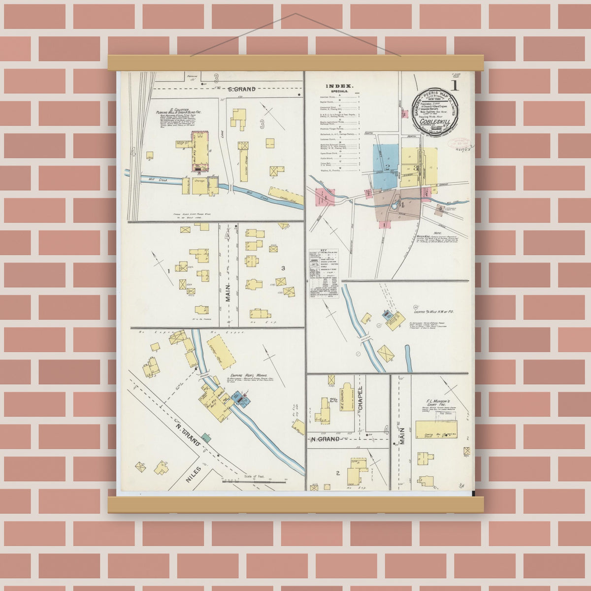 Old map wall art mockup — magnetic wood frame on brick wall — Sanborn Fire Insurance Map from Cobleskill, Schoharie County, New York (1892) - Complete Map Set