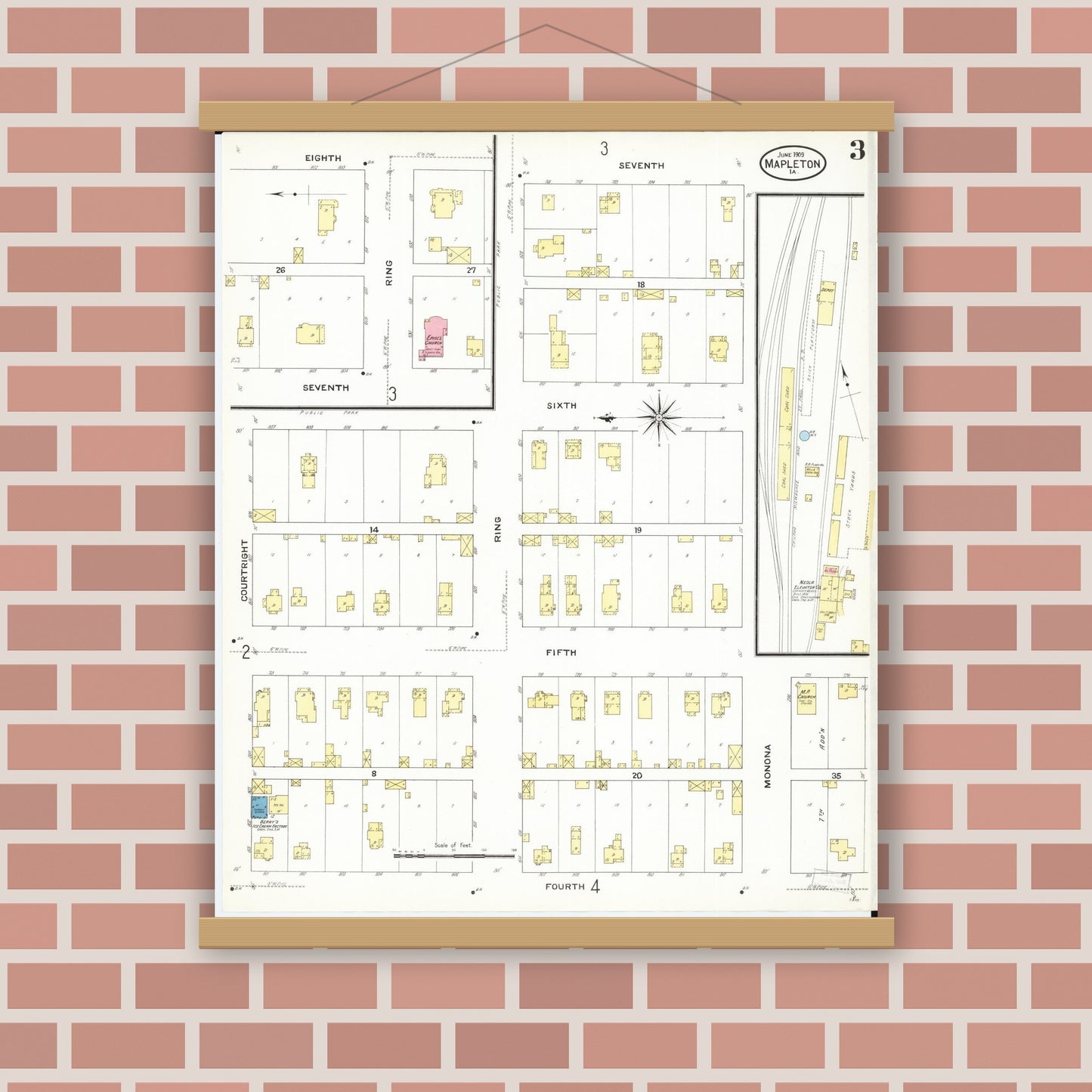 Old map wall art mockup — magnetic wood frame on brick wall — Sanborn Fire Insurance Map from Mapleton, Monona County, Iowa (1909), Sheet #0003
