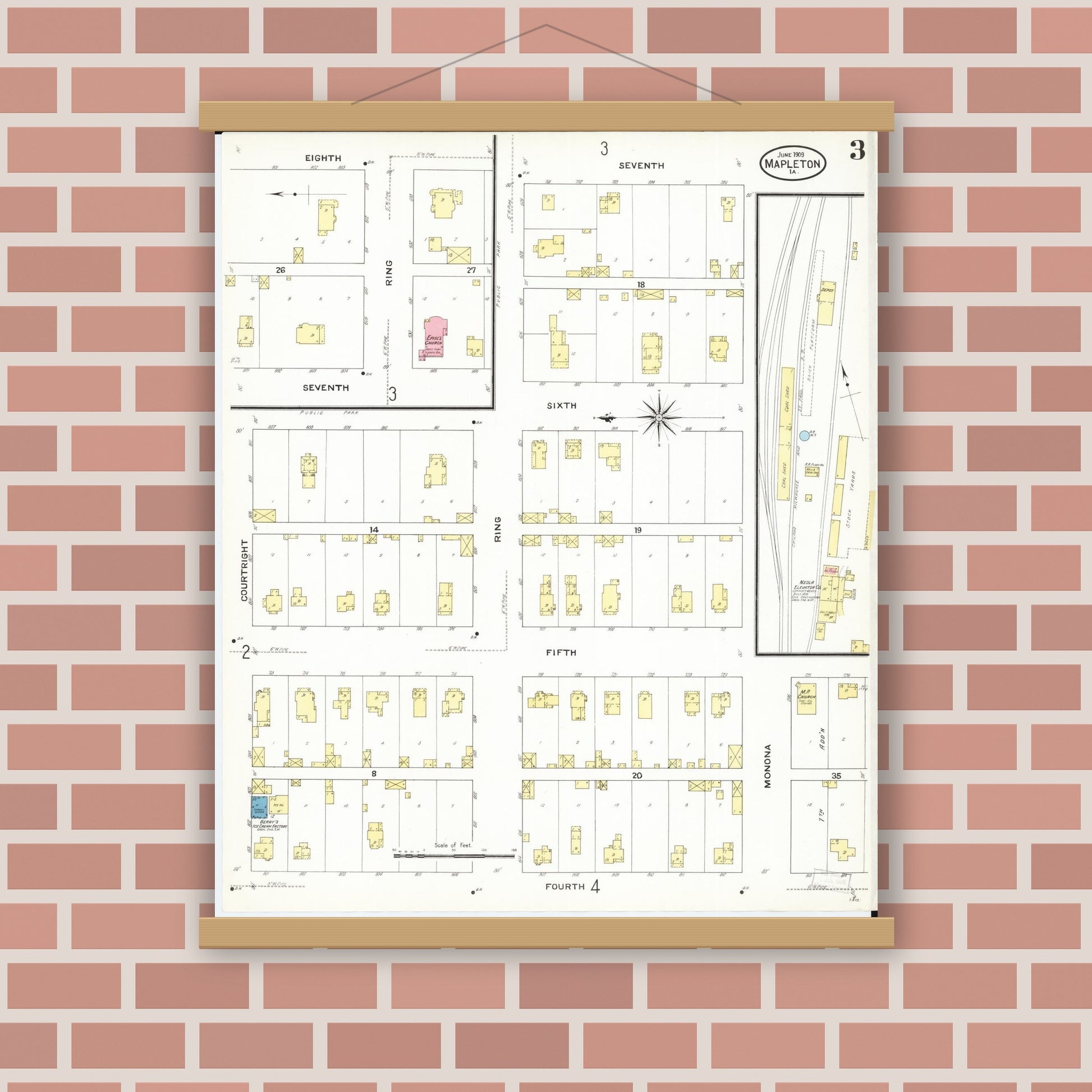 Old map wall art mockup — magnetic wood frame on brick wall — Sanborn Fire Insurance Map from Mapleton, Monona County, Iowa (1909), Sheet #0003