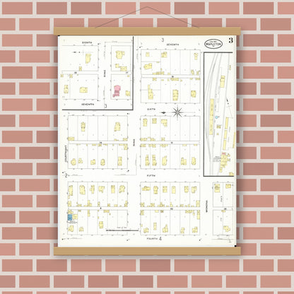 Old map wall art mockup — magnetic wood frame on brick wall — Sanborn Fire Insurance Map from Mapleton, Monona County, Iowa (1909), Sheet #0003