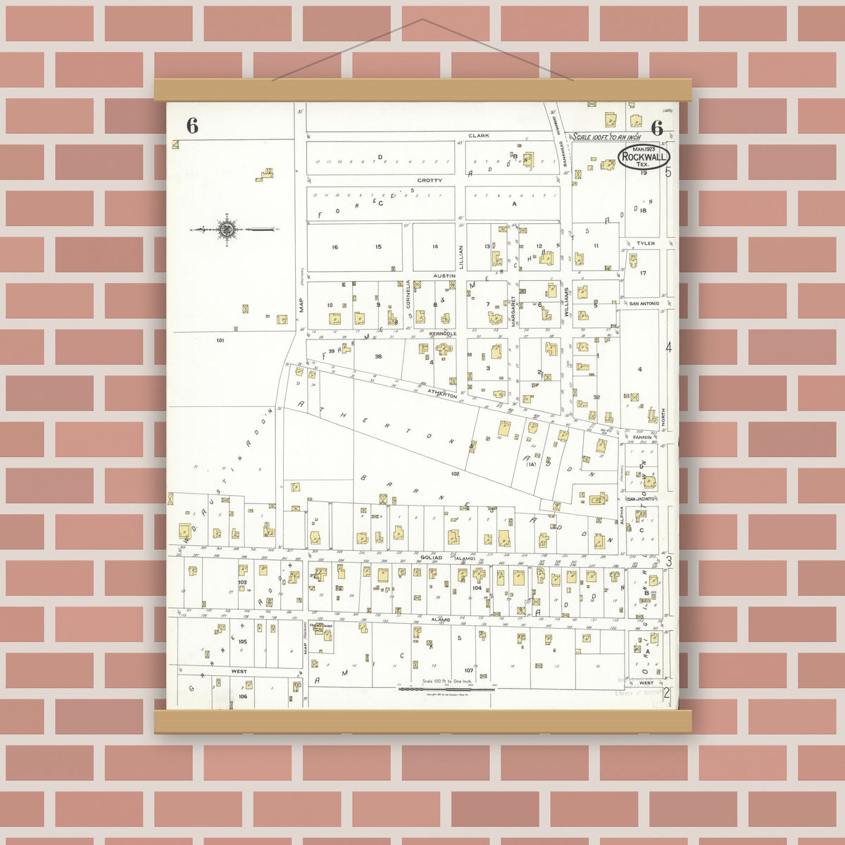 Old map wall art mockup — magnetic wood frame on brick wall — Sanborn Fire Insurance Map from Rockwall, Rockwall County, Texas (1923), Sheet #0006