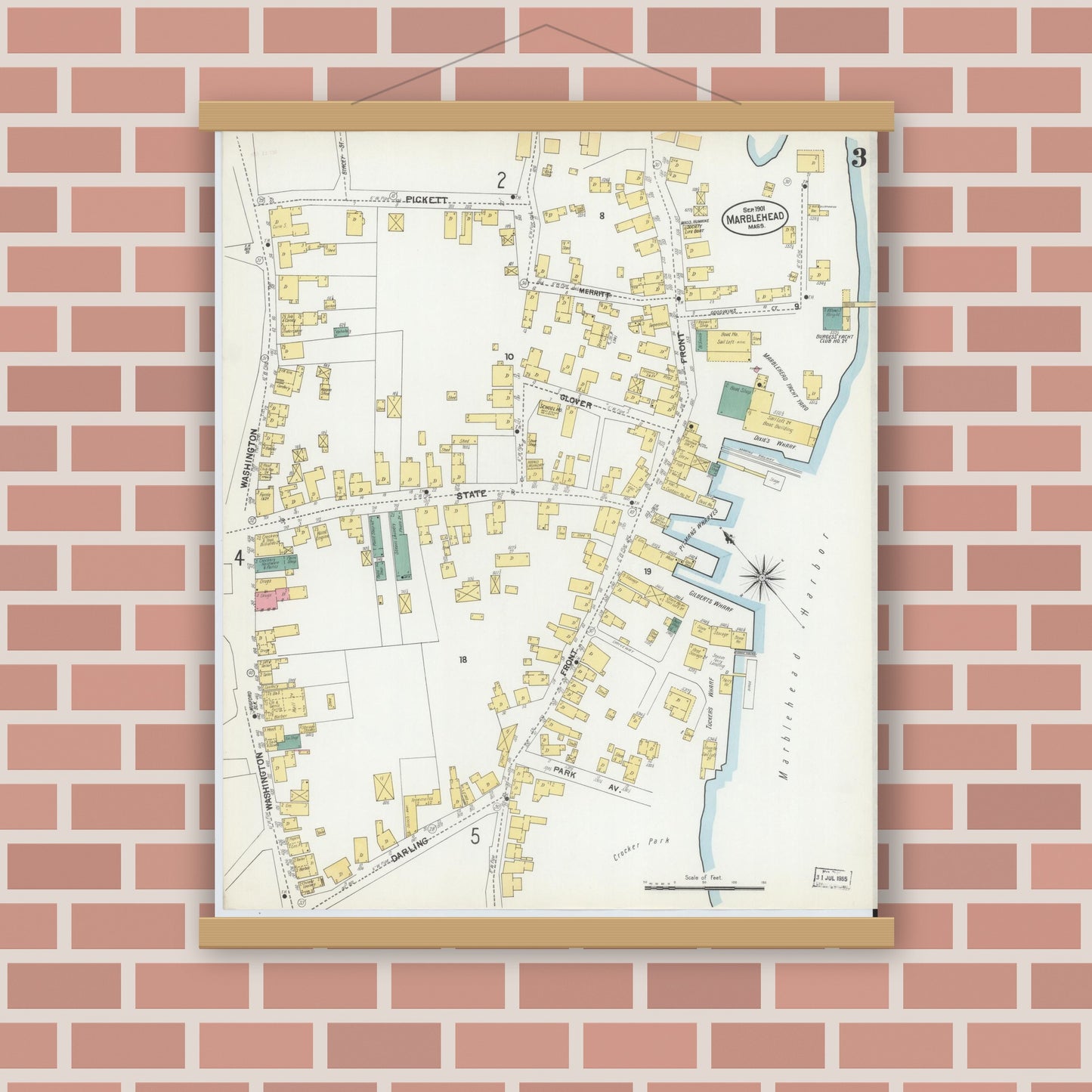 Old map wall art mockup — magnetic wood frame on brick wall — Sanborn Fire Insurance Map from Marblehead, Essex County, Massachusetts (1901), Sheet #0003