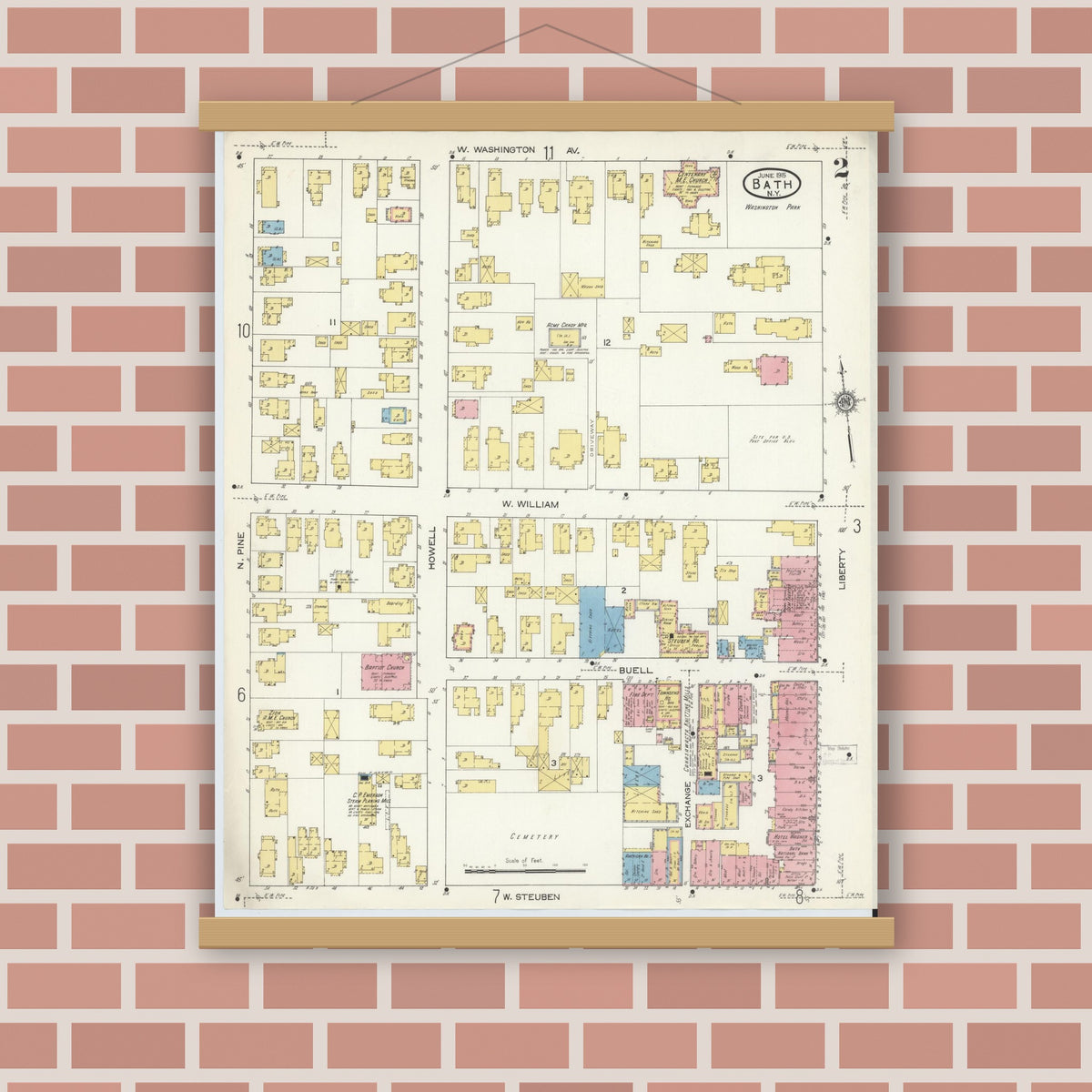 Old map wall art mockup — magnetic wood frame on brick wall — Sanborn Fire Insurance Map from Bath, Steuben County, New York (1915), Sheet #0002