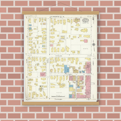 Old map wall art mockup — magnetic wood frame on brick wall — Sanborn Fire Insurance Map from Bath, Steuben County, New York (1915), Sheet #0002