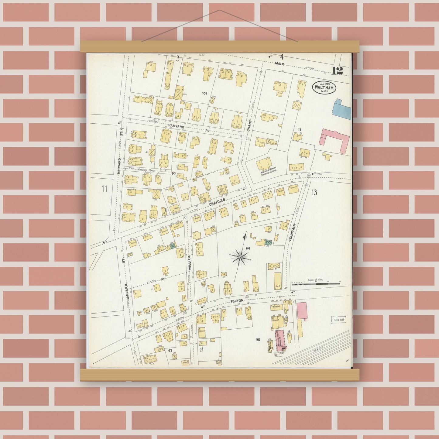 Old map wall art mockup — magnetic wood frame on brick wall — Sanborn Fire Insurance Map from Waltham, Middlesex County, Massachusetts (1903), Sheet #0012