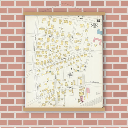 Old map wall art mockup — magnetic wood frame on brick wall — Sanborn Fire Insurance Map from Waltham, Middlesex County, Massachusetts (1903), Sheet #0012