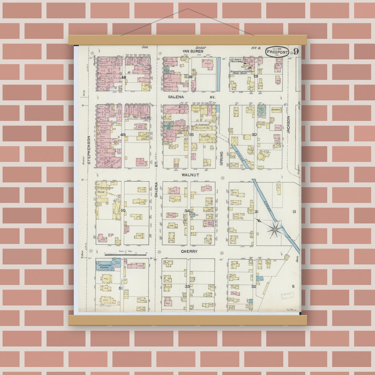 Old map wall art mockup — magnetic wood frame on brick wall — Sanborn Fire Insurance Map from Freeport, Stephenson County, Illinois (1890), Sheet #0009