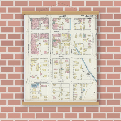 Old map wall art mockup — magnetic wood frame on brick wall — Sanborn Fire Insurance Map from Freeport, Stephenson County, Illinois (1890), Sheet #0009