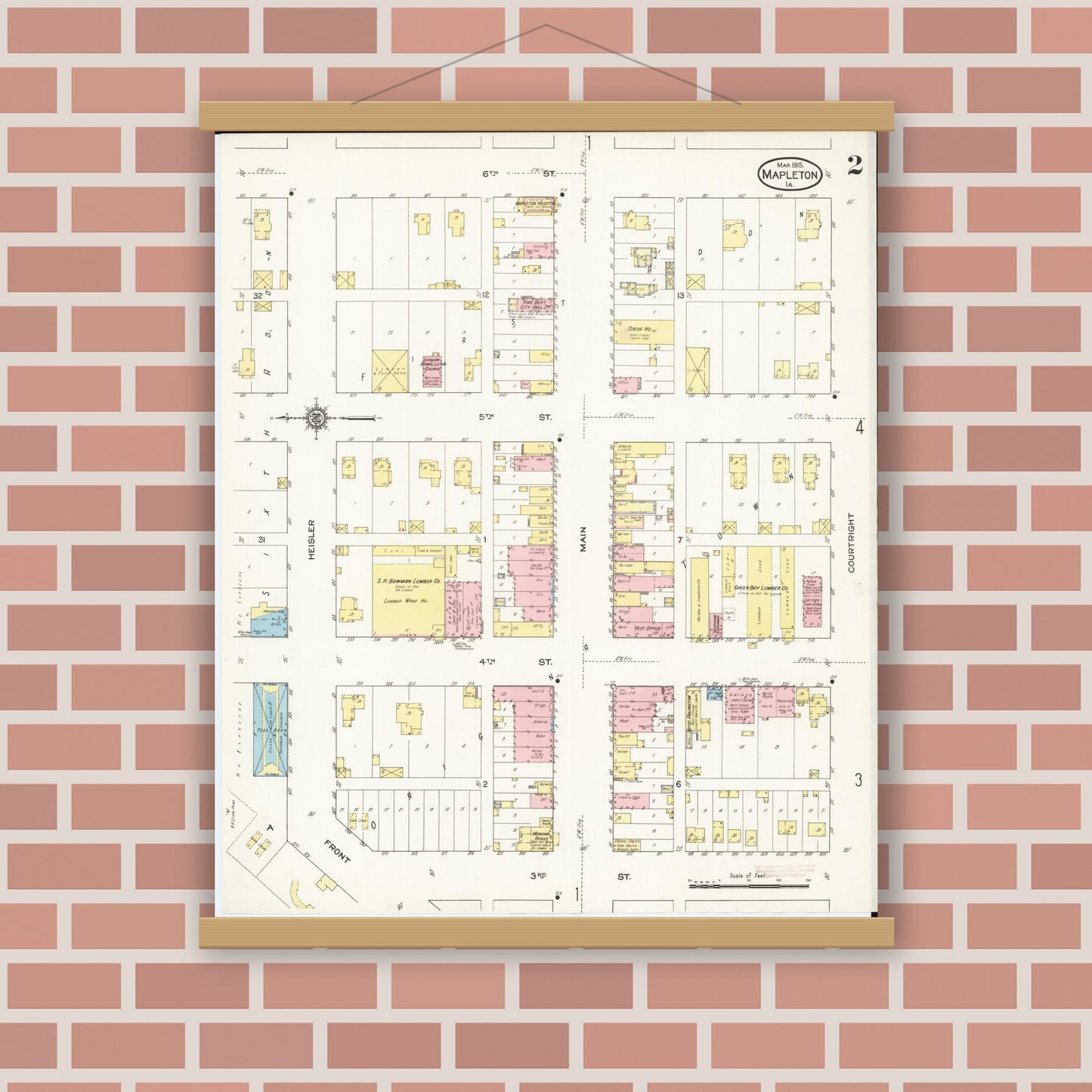 Old map wall art mockup — magnetic wood frame on brick wall — Sanborn Fire Insurance Map from Mapleton, Monona County, Iowa (1915), Sheet #0002