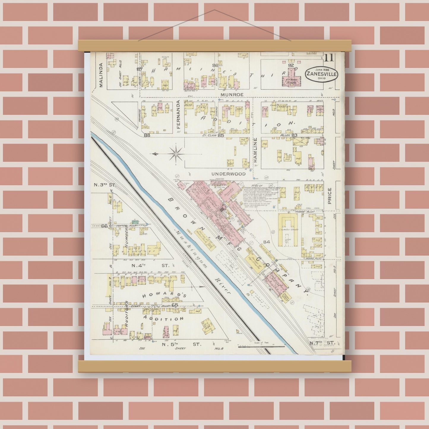 Old map wall art mockup — magnetic wood frame on brick wall — Sanborn Fire Insurance Map from Zanesville, Muskingum County, Ohio (1886), Sheet #0011