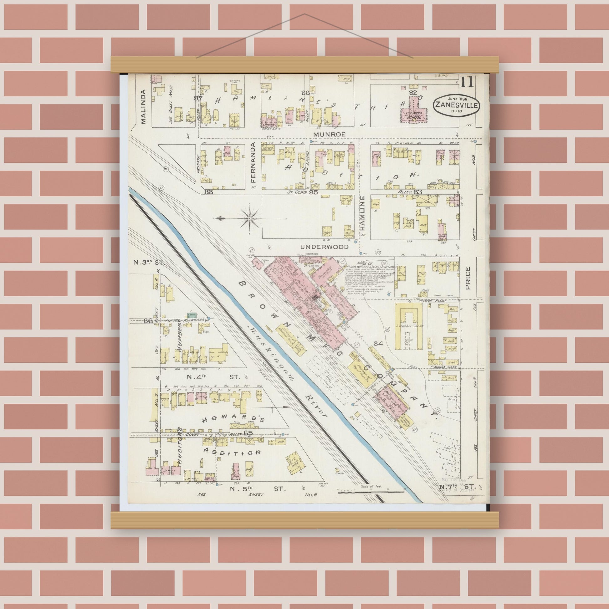Old map wall art mockup — magnetic wood frame on brick wall — Sanborn Fire Insurance Map from Zanesville, Muskingum County, Ohio (1886), Sheet #0011
