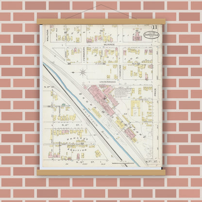 Old map wall art mockup — magnetic wood frame on brick wall — Sanborn Fire Insurance Map from Zanesville, Muskingum County, Ohio (1886), Sheet #0011