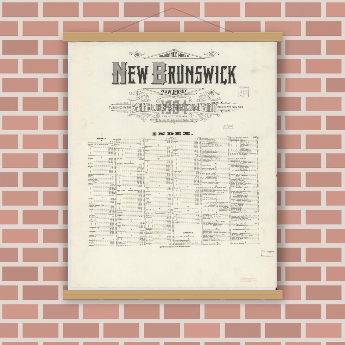 Old map wall art mockup — magnetic wood frame on brick wall — Sanborn Fire Insurance Map from New Brunswick, Middlesex County, New Jersey (1904), Sheet #0001