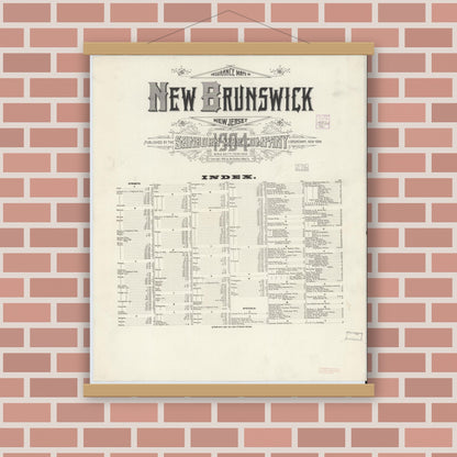 Old map wall art mockup — magnetic wood frame on brick wall — Sanborn Fire Insurance Map from New Brunswick, Middlesex County, New Jersey (1904), Sheet #0001