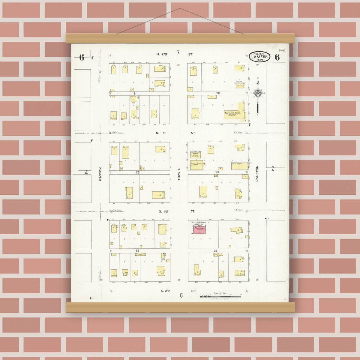 Old map wall art mockup — magnetic wood frame on brick wall — Sanborn Fire Insurance Map from Lamesa, Dawson County, Texas (1925), Sheet #0006
