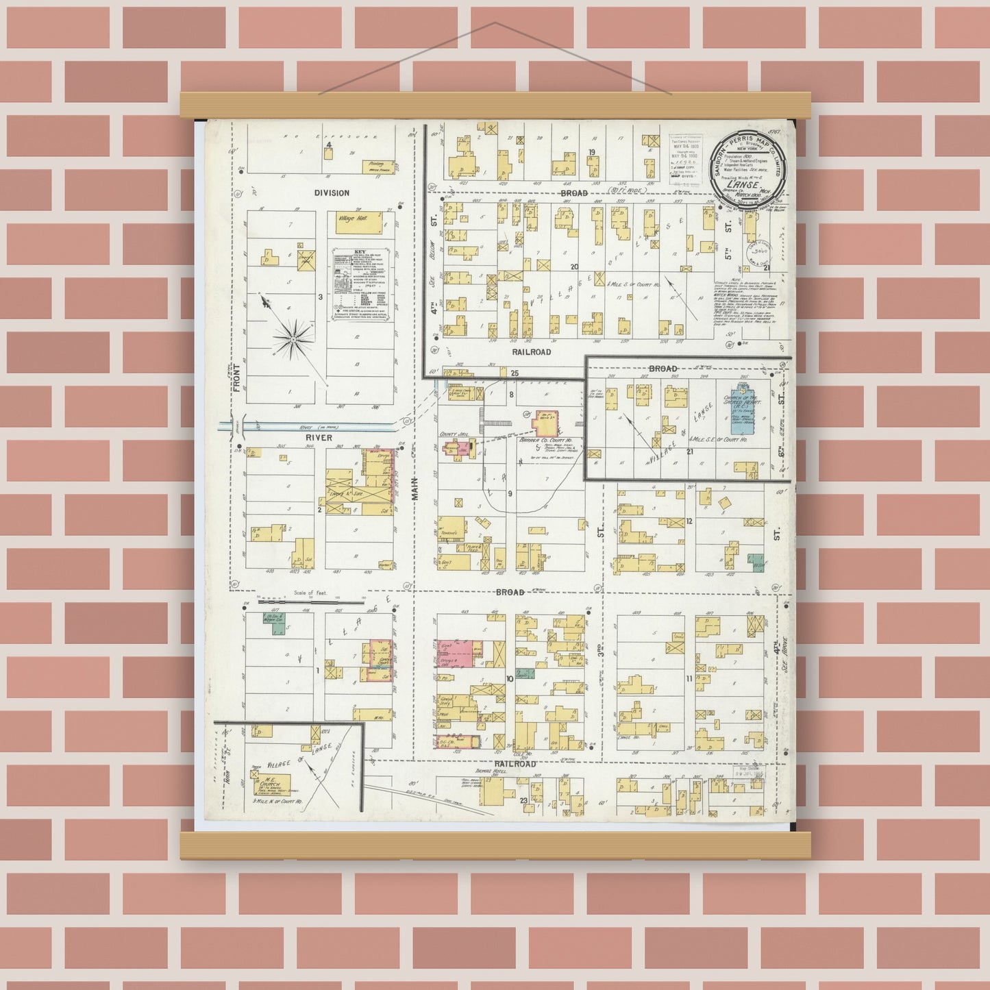 Old map wall art mockup — magnetic wood frame on brick wall — Sanborn Fire Insurance Map from L'Anse, Baraga County, Michigan (1900), Sheet #0001