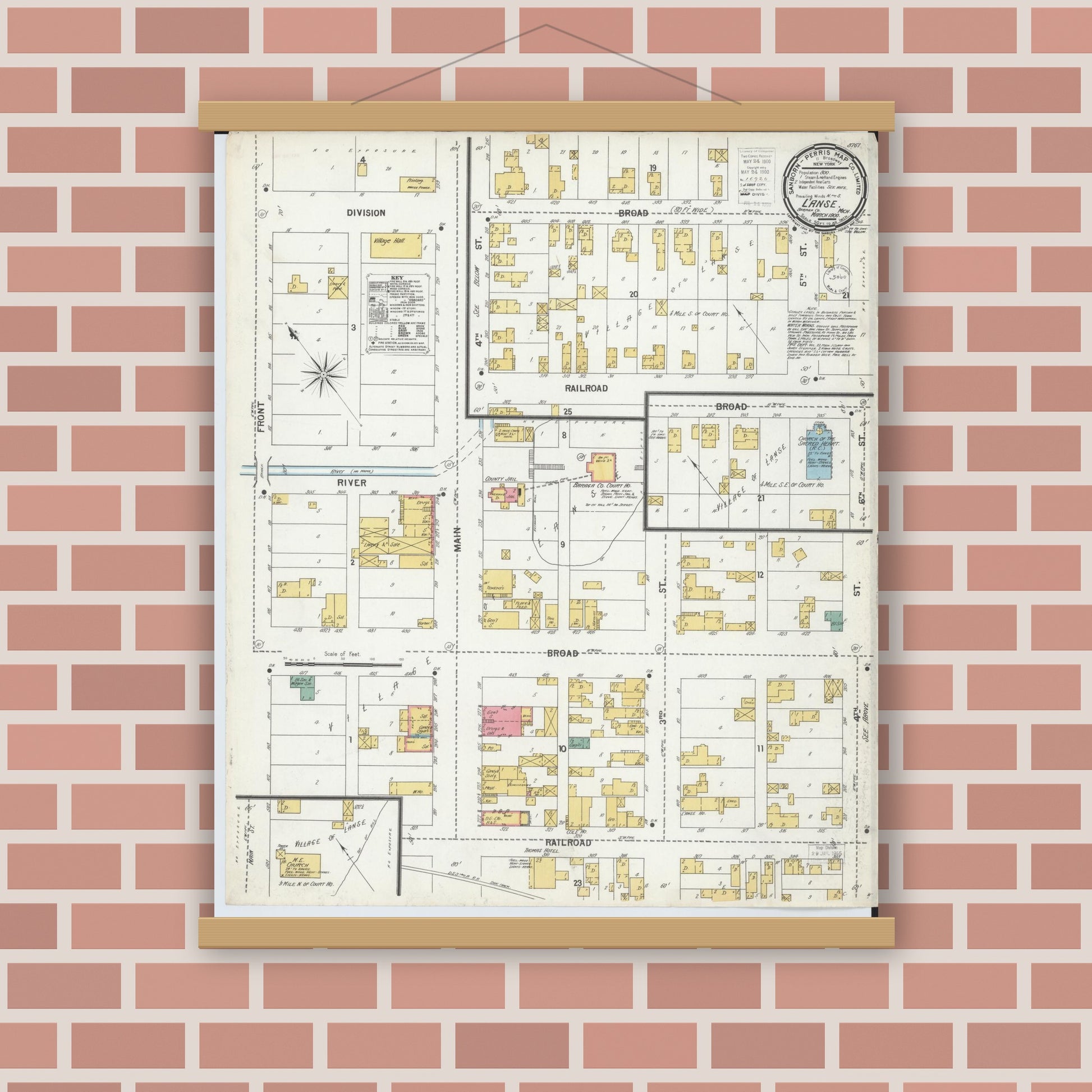 Old map wall art mockup — magnetic wood frame on brick wall — Sanborn Fire Insurance Map from L'Anse, Baraga County, Michigan (1900), Sheet #0001