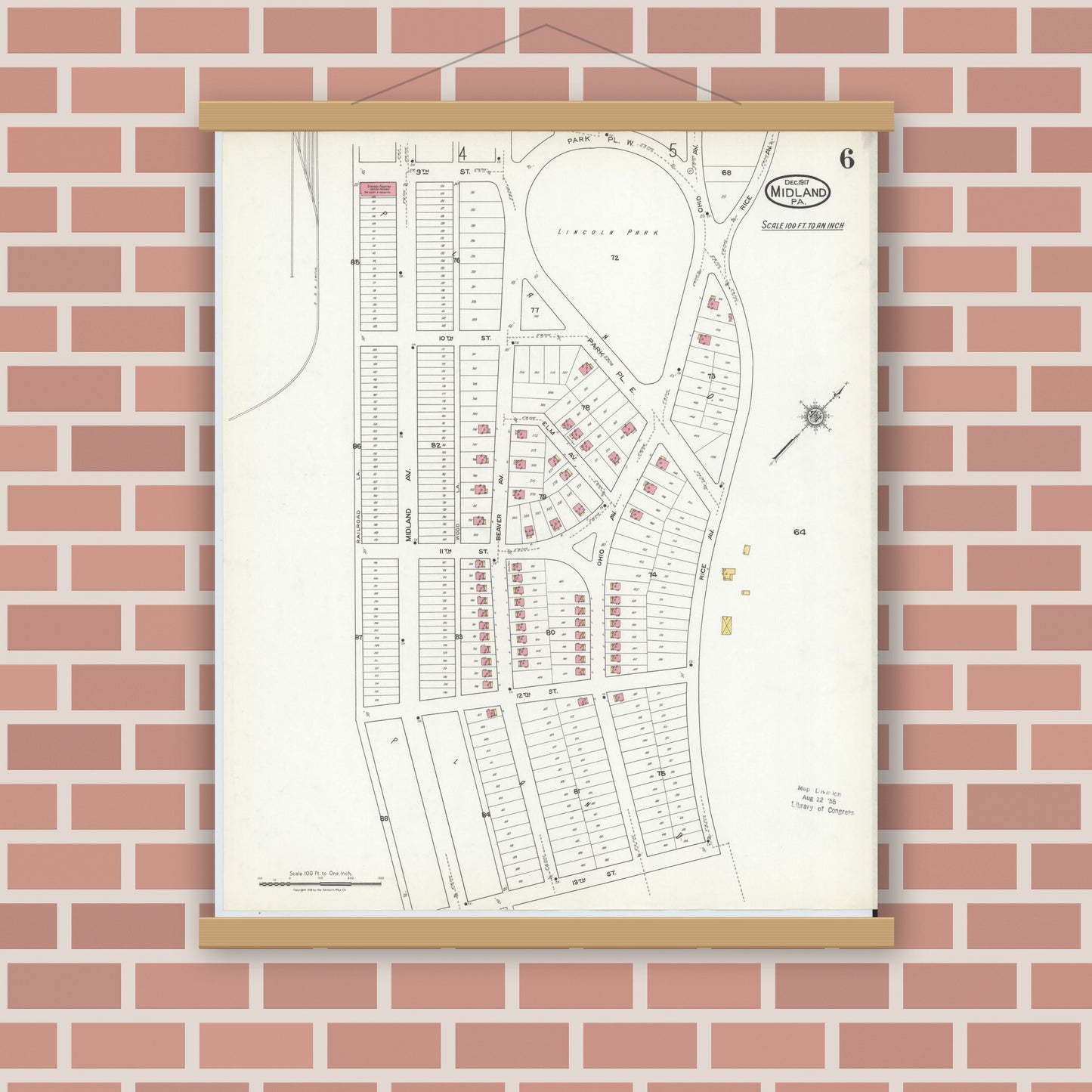 Old map wall art mockup — magnetic wood frame on brick wall — Sanborn Fire Insurance Map from Midland, Beaver County, Pennsylvania (1917), Sheet #0006