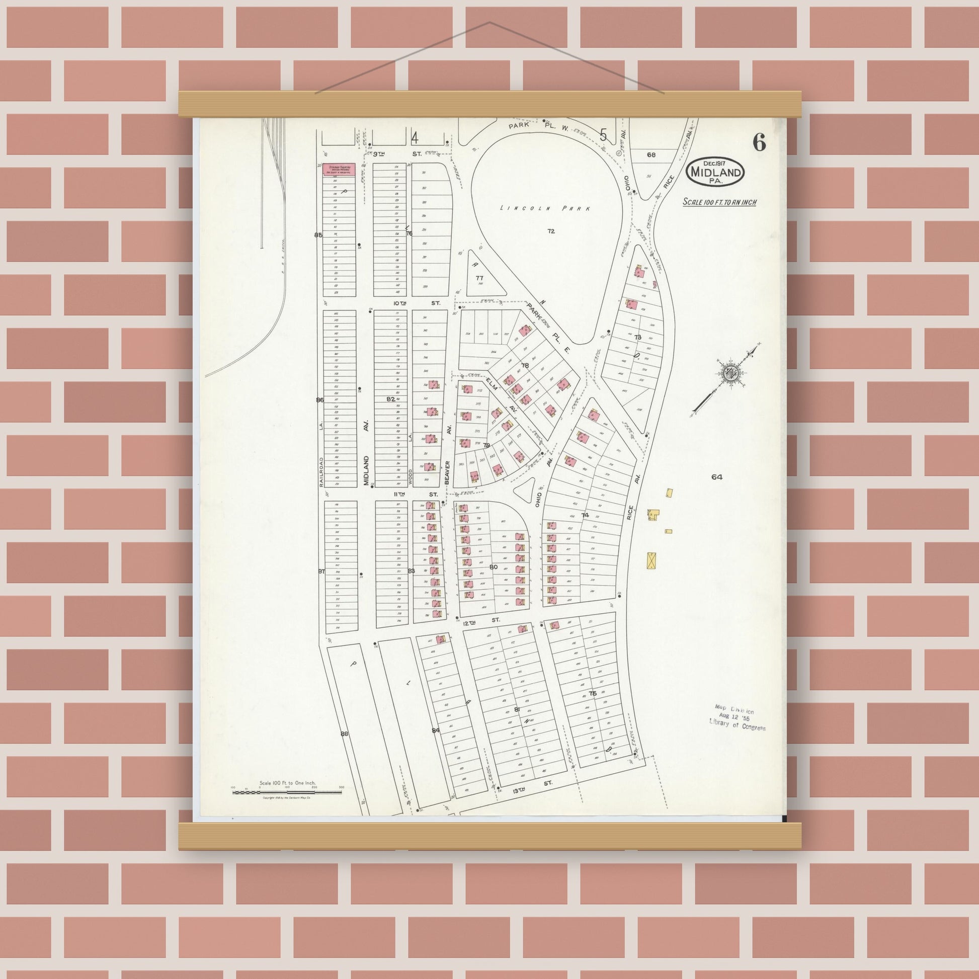 Old map wall art mockup — magnetic wood frame on brick wall — Sanborn Fire Insurance Map from Midland, Beaver County, Pennsylvania (1917), Sheet #0006