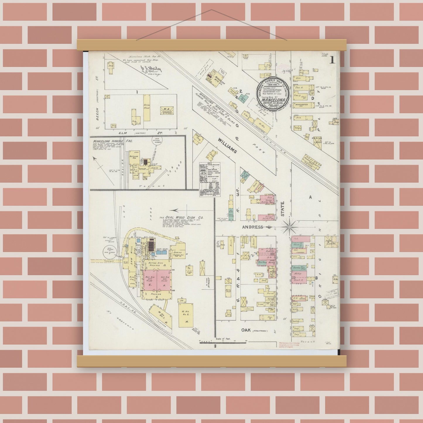 Old map wall art mockup — magnetic wood frame on brick wall — Sanborn Fire Insurance Map from Mancelona, Antrim County, Michigan (1890) - Complete Map Set