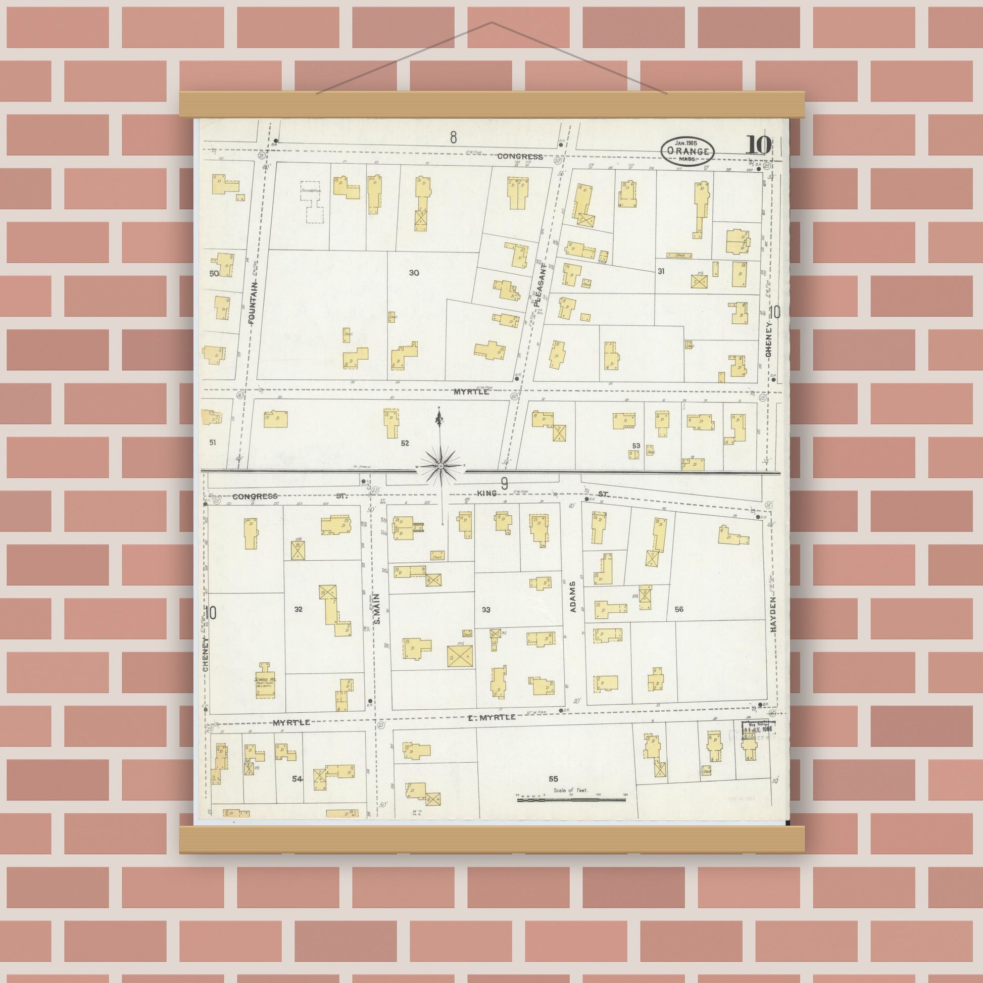 Old map wall art mockup — magnetic wood frame on brick wall — Sanborn Fire Insurance Map from Orange, Franklin County, Massachusetts (1905), Sheet #0010