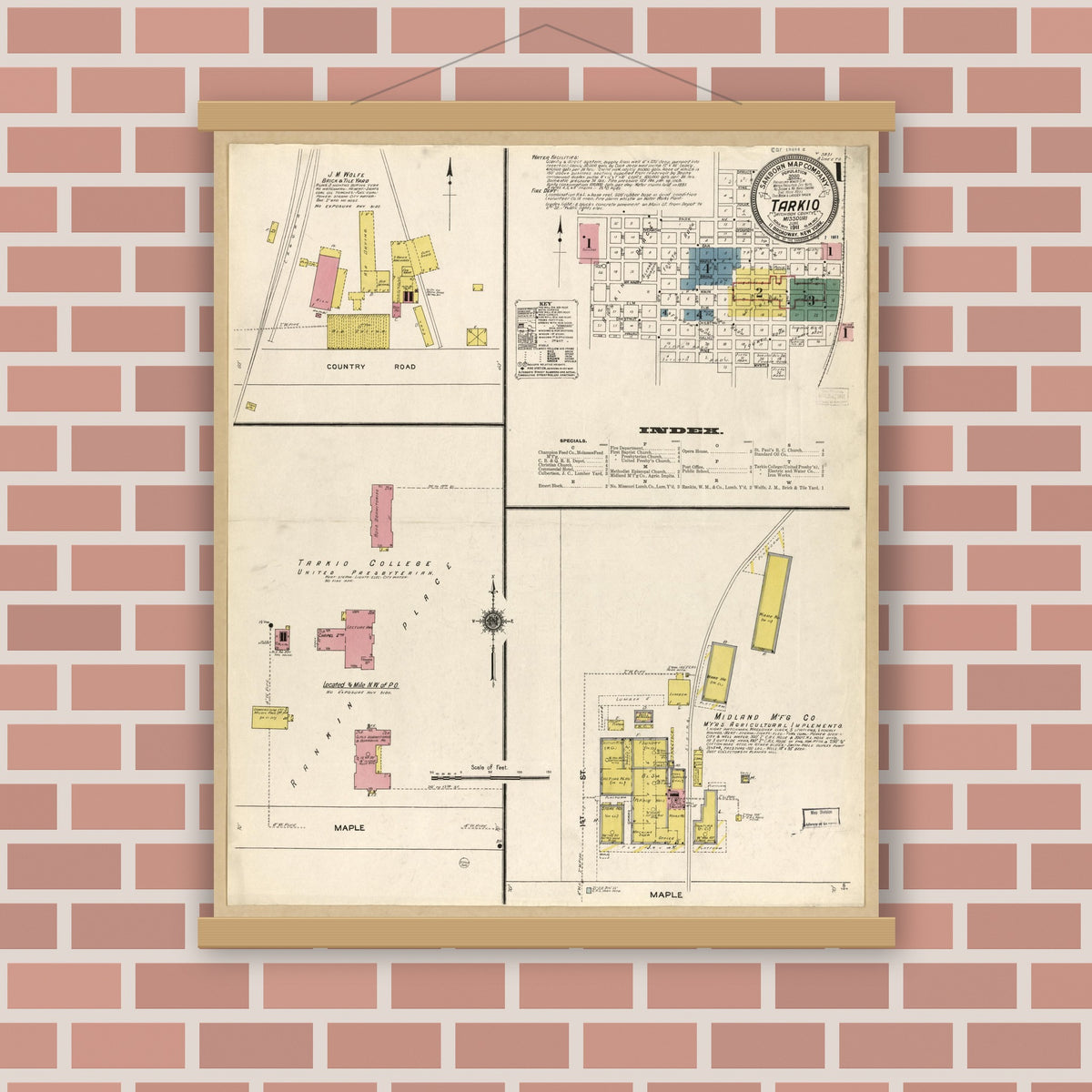 Old map wall art mockup — magnetic wood frame on brick wall — Sanborn Fire Insurance Map from Tarkio, Atchison County, Missouri (1911), Sheet #0001