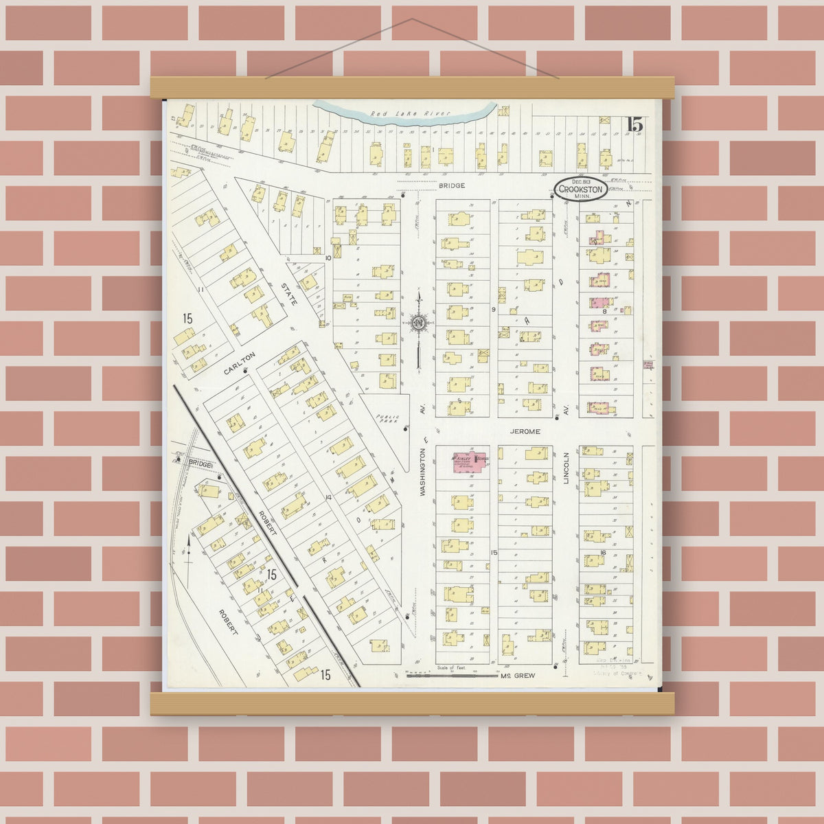 Old map wall art mockup — magnetic wood frame on brick wall — Sanborn Fire Insurance Map from Crookston, Polk County, Minnesota (1913), Sheet #0015