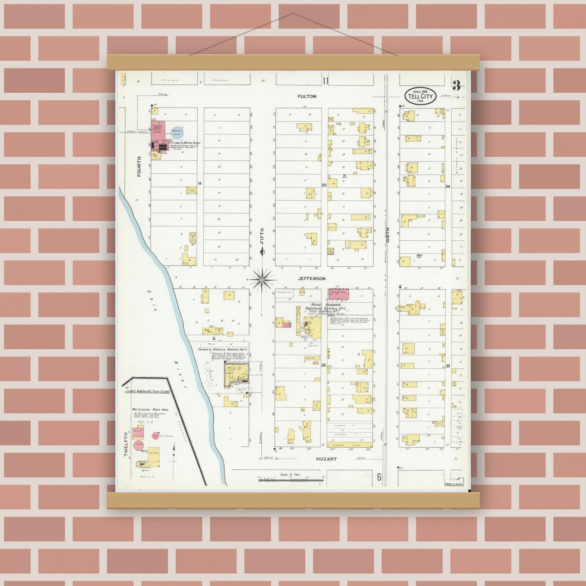 Old map wall art mockup — magnetic wood frame on brick wall — Sanborn Fire Insurance Map from Tell City, Perry County, Indiana (1909), Sheet #0003