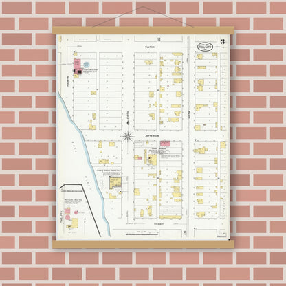 Old map wall art mockup — magnetic wood frame on brick wall — Sanborn Fire Insurance Map from Tell City, Perry County, Indiana (1909), Sheet #0003