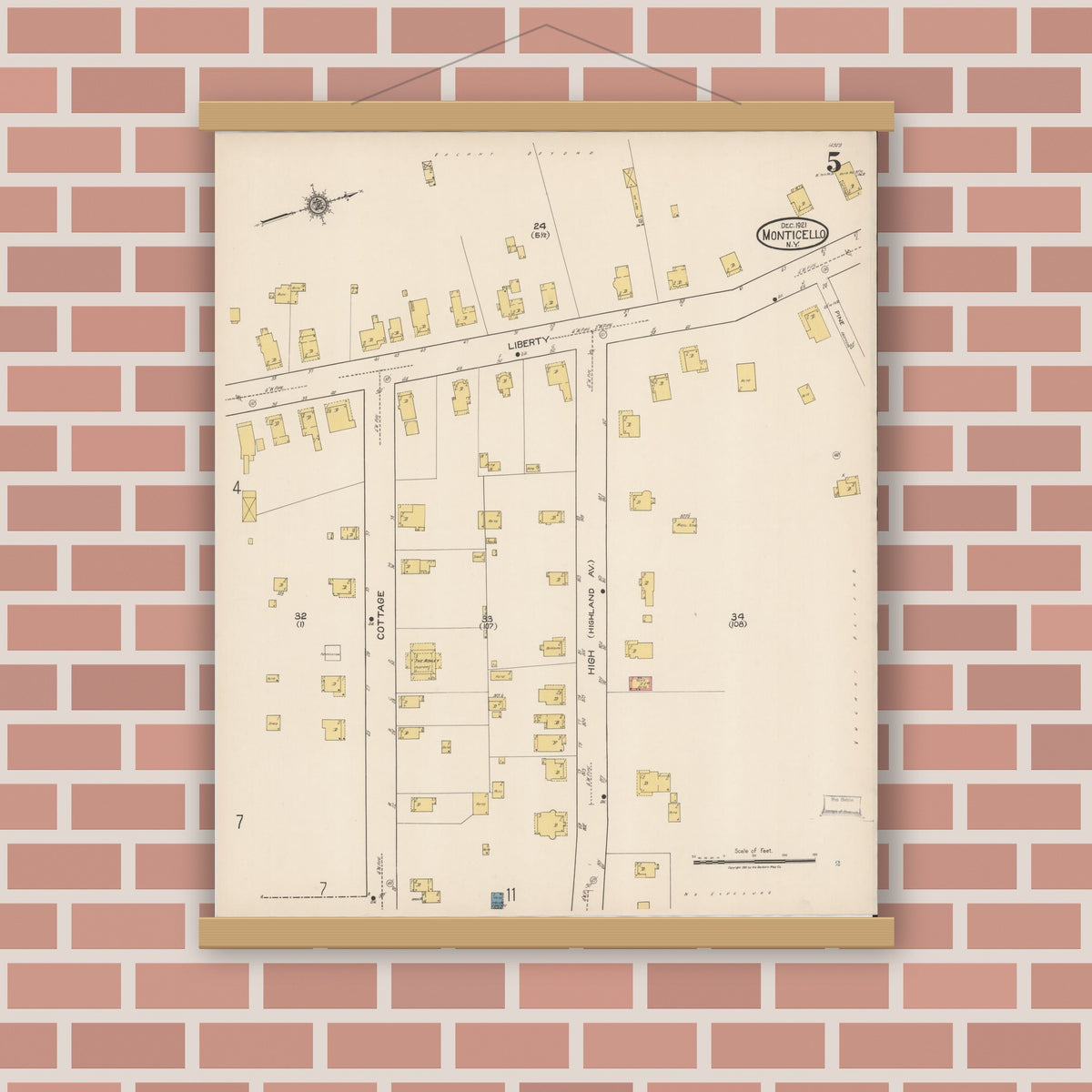 Old map wall art mockup — magnetic wood frame on brick wall — Sanborn Fire Insurance Map from Monticello, Sullivan County, New York (1921), Sheet #0005