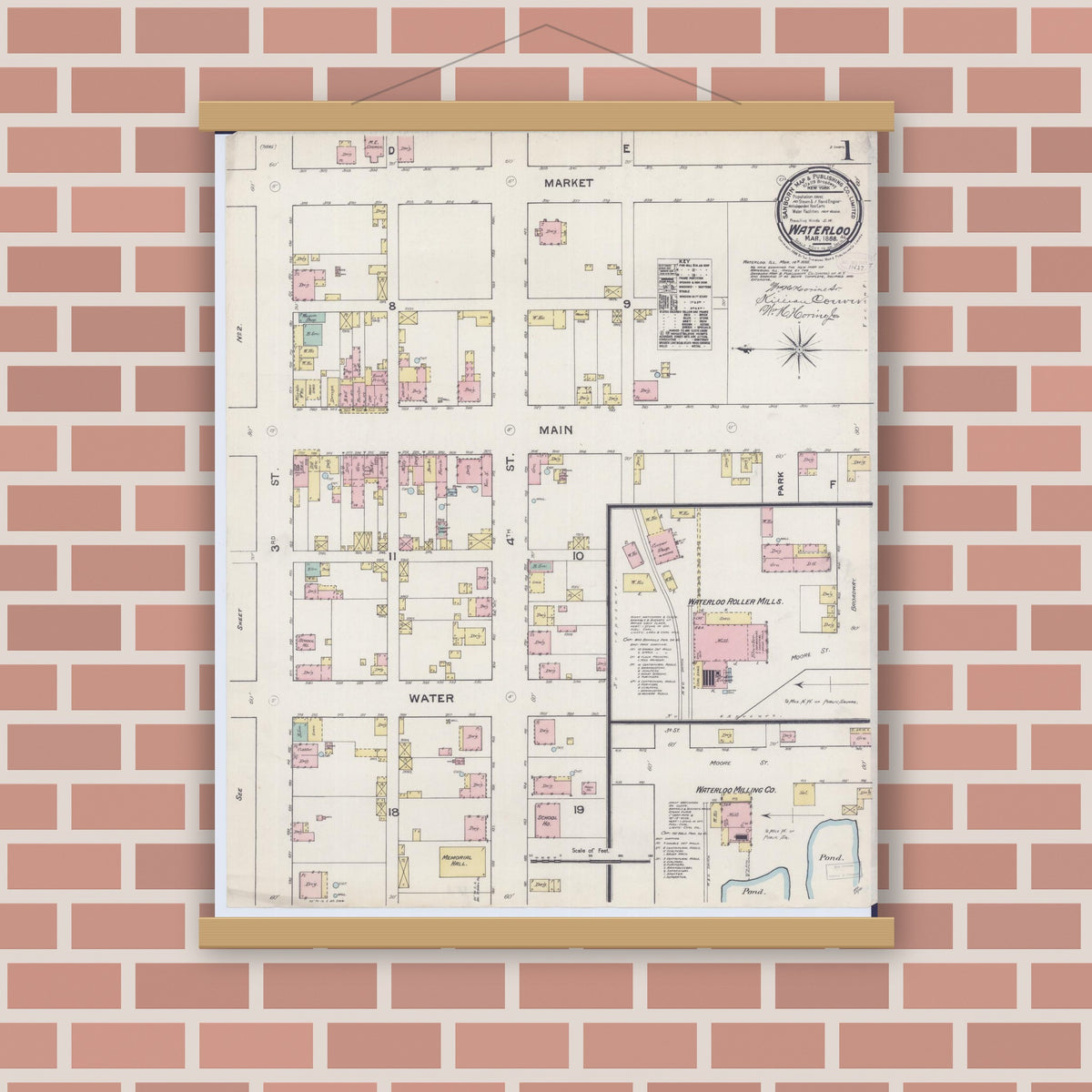 Old map wall art mockup — magnetic wood frame on brick wall — Sanborn Fire Insurance Map from Waterloo, Monroe County, Illinois (1888) - Complete Map Set