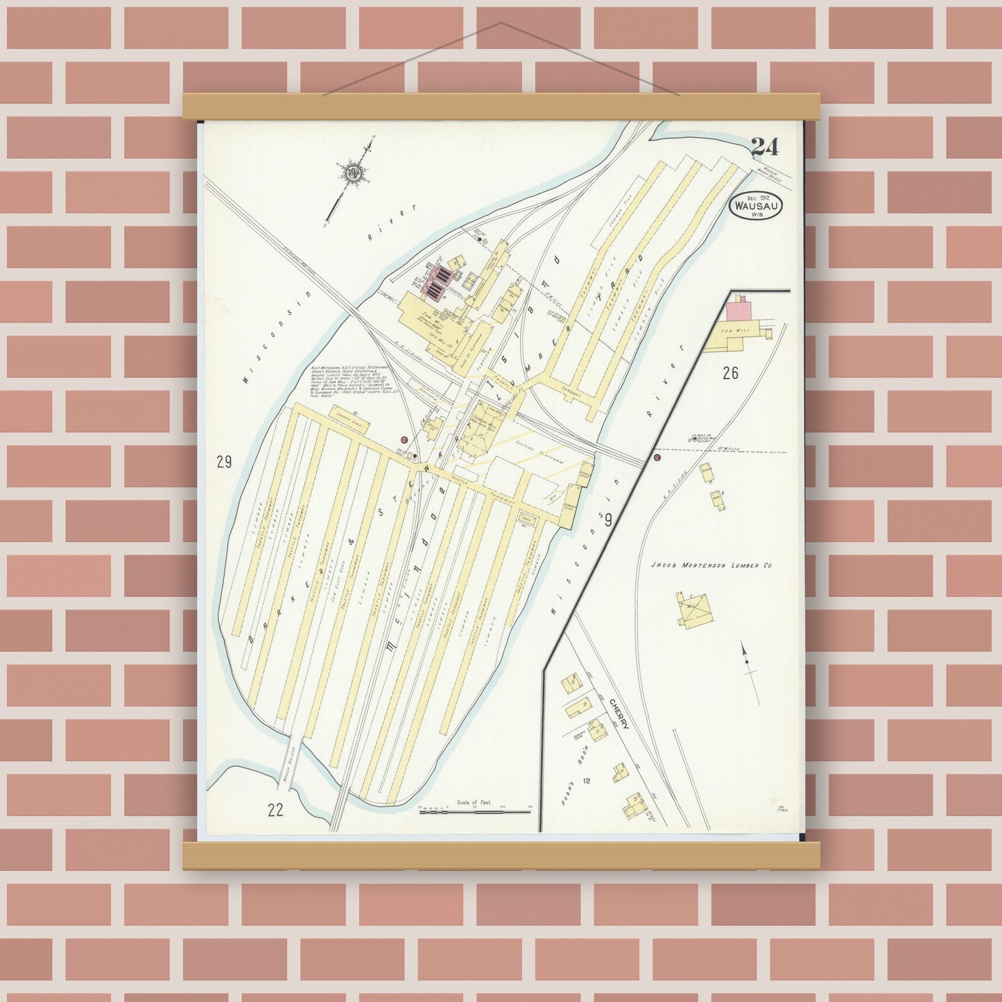 Old map wall art mockup — magnetic wood frame on brick wall — Sanborn Fire Insurance Map from Wausau, Marathon County, Wisconsin (1912), Sheet #0024