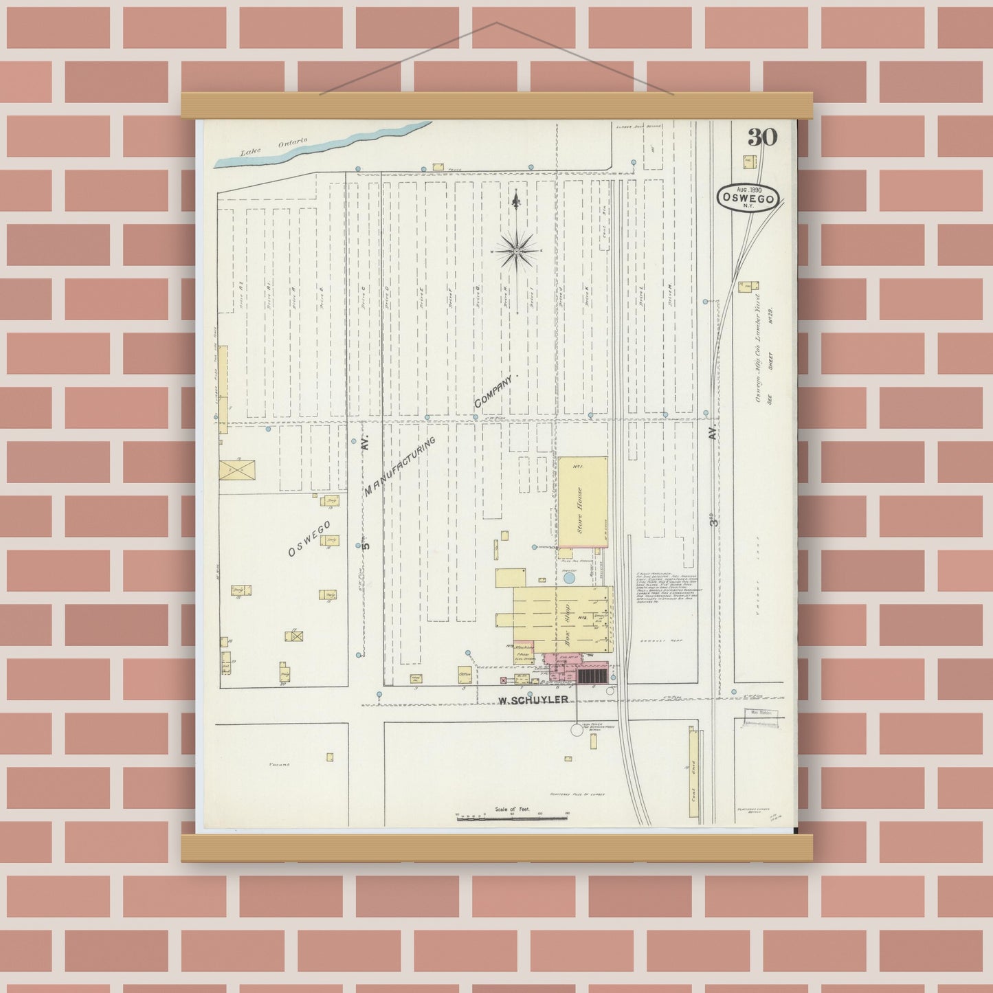 Old map wall art mockup — magnetic wood frame on brick wall — Sanborn Fire Insurance Map from Oswego, Oswego County, New York (1890), Sheet #0030