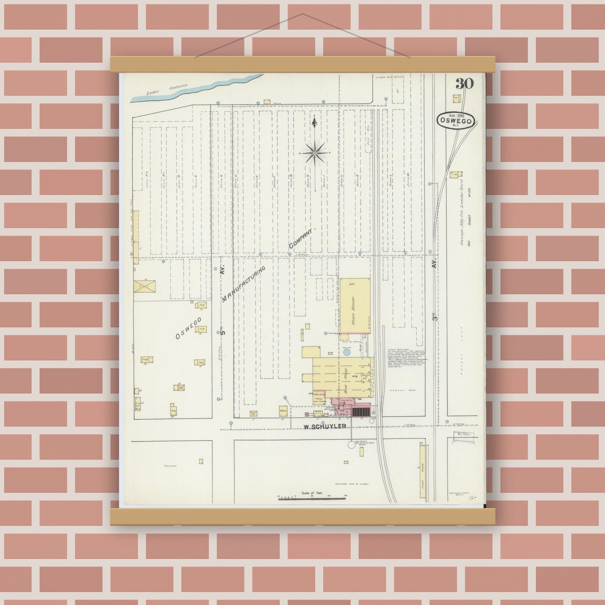 Old map wall art mockup — magnetic wood frame on brick wall — Sanborn Fire Insurance Map from Oswego, Oswego County, New York (1890), Sheet #0030