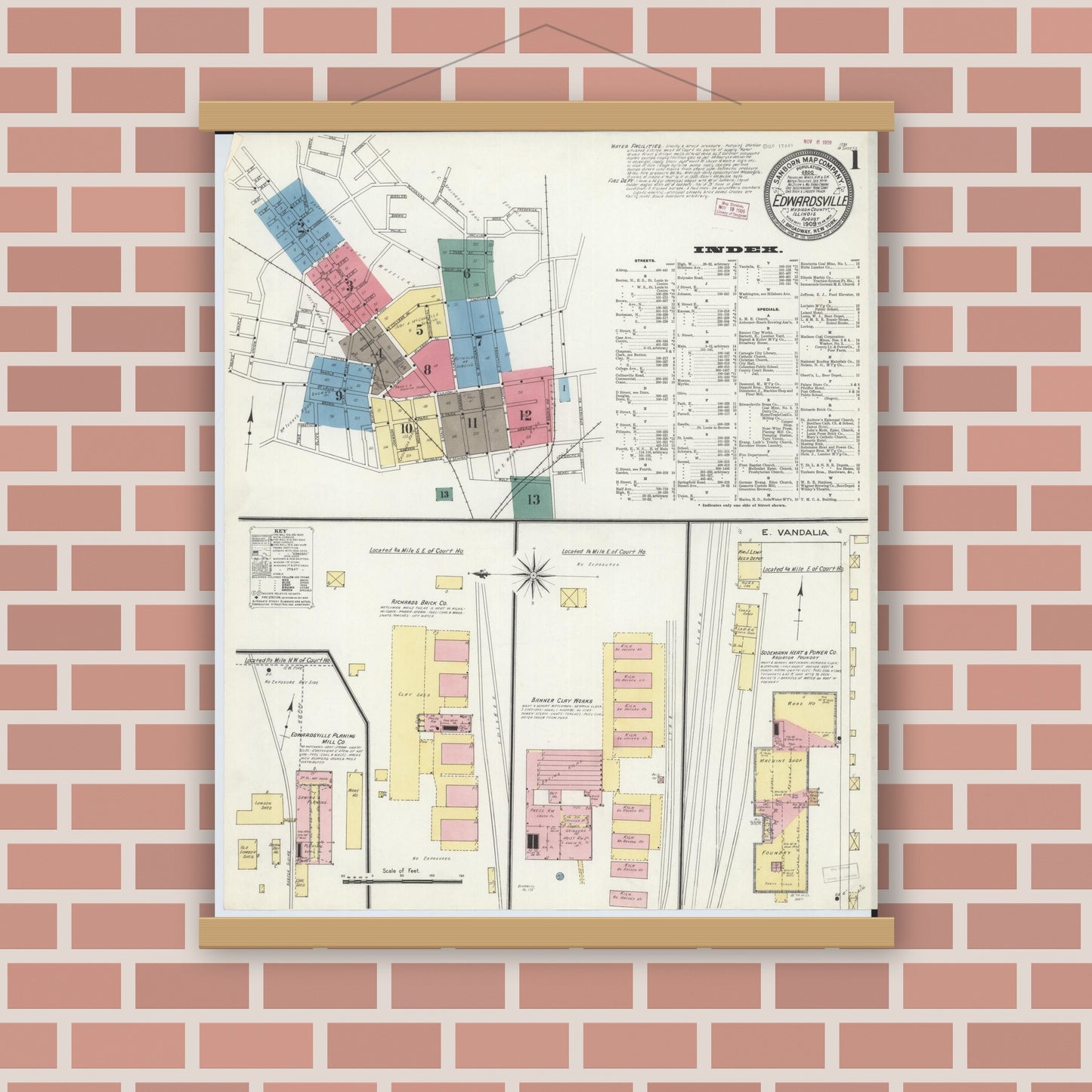 Old map wall art mockup — magnetic wood frame on brick wall — Sanborn Fire Insurance Map from Edwardsville, Madison County, Illinois (1909), Sheet #0001