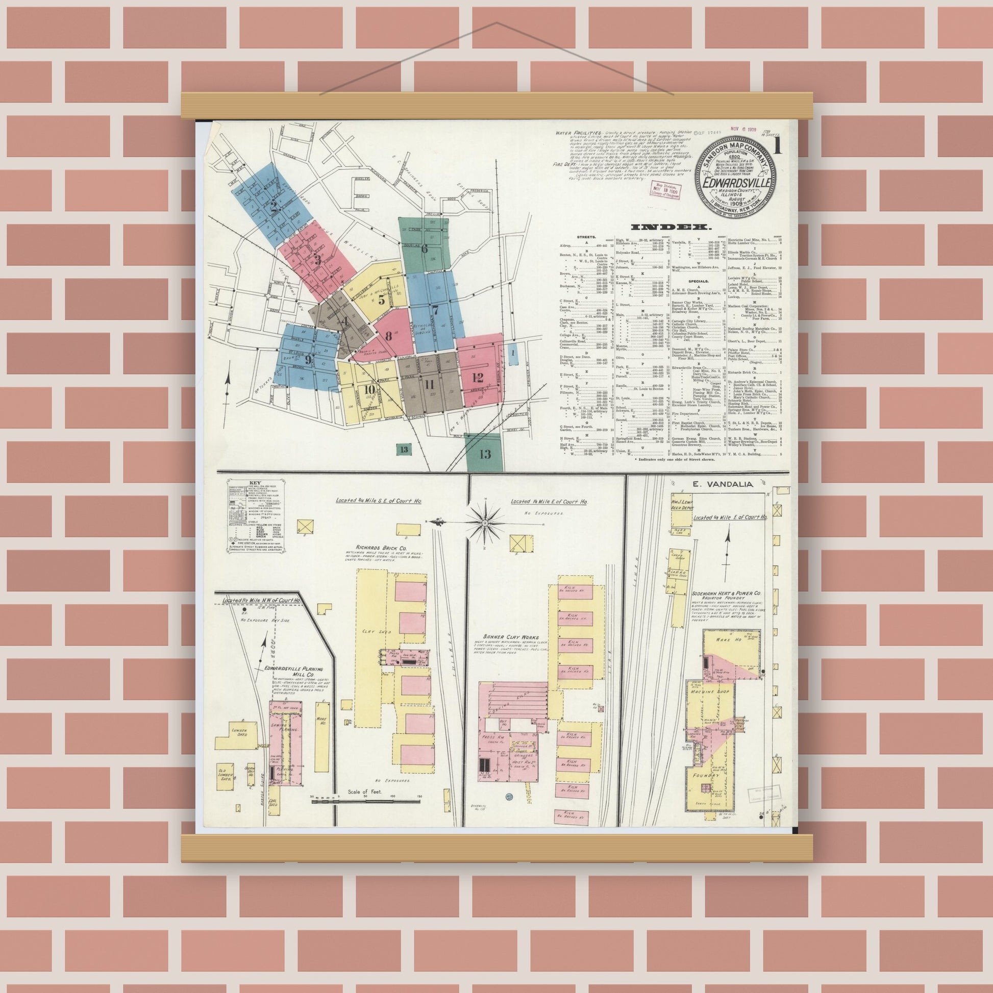 Old map wall art mockup — magnetic wood frame on brick wall — Sanborn Fire Insurance Map from Edwardsville, Madison County, Illinois (1909), Sheet #0001