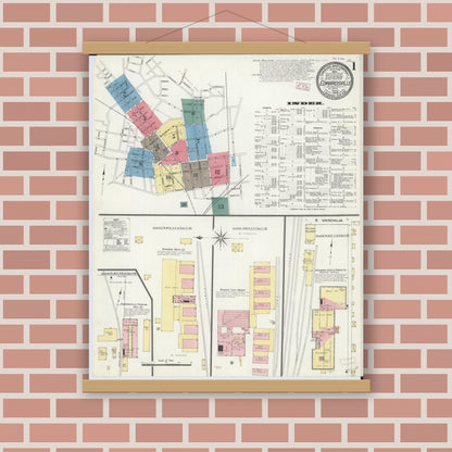Old map wall art mockup — magnetic wood frame on brick wall — Sanborn Fire Insurance Map from Edwardsville, Madison County, Illinois (1909), Sheet #0001