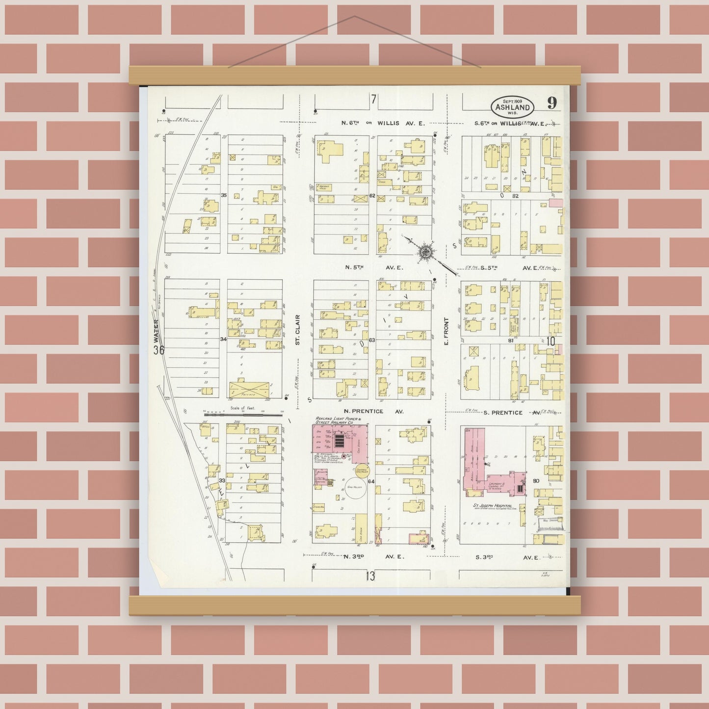 Old map wall art mockup — magnetic wood frame on brick wall — Sanborn Fire Insurance Map from Ashland, Ashland County, Wisconsin (1909), Sheet #0009