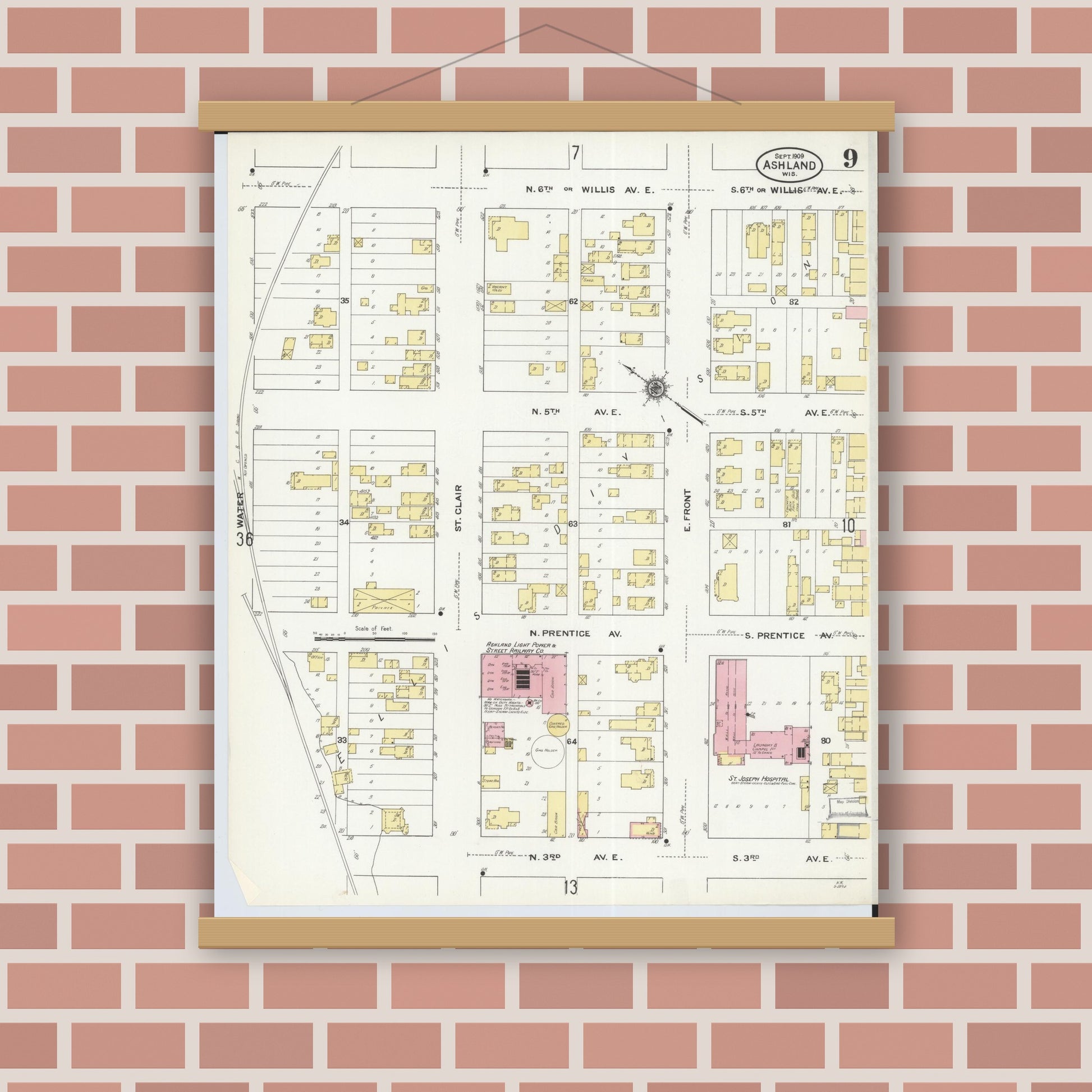 Old map wall art mockup — magnetic wood frame on brick wall — Sanborn Fire Insurance Map from Ashland, Ashland County, Wisconsin (1909), Sheet #0009