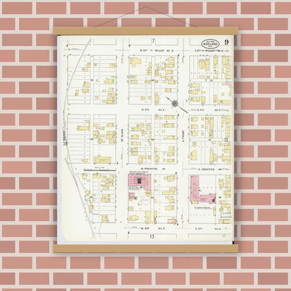 Old map wall art mockup — magnetic wood frame on brick wall — Sanborn Fire Insurance Map from Ashland, Ashland County, Wisconsin (1909), Sheet #0009