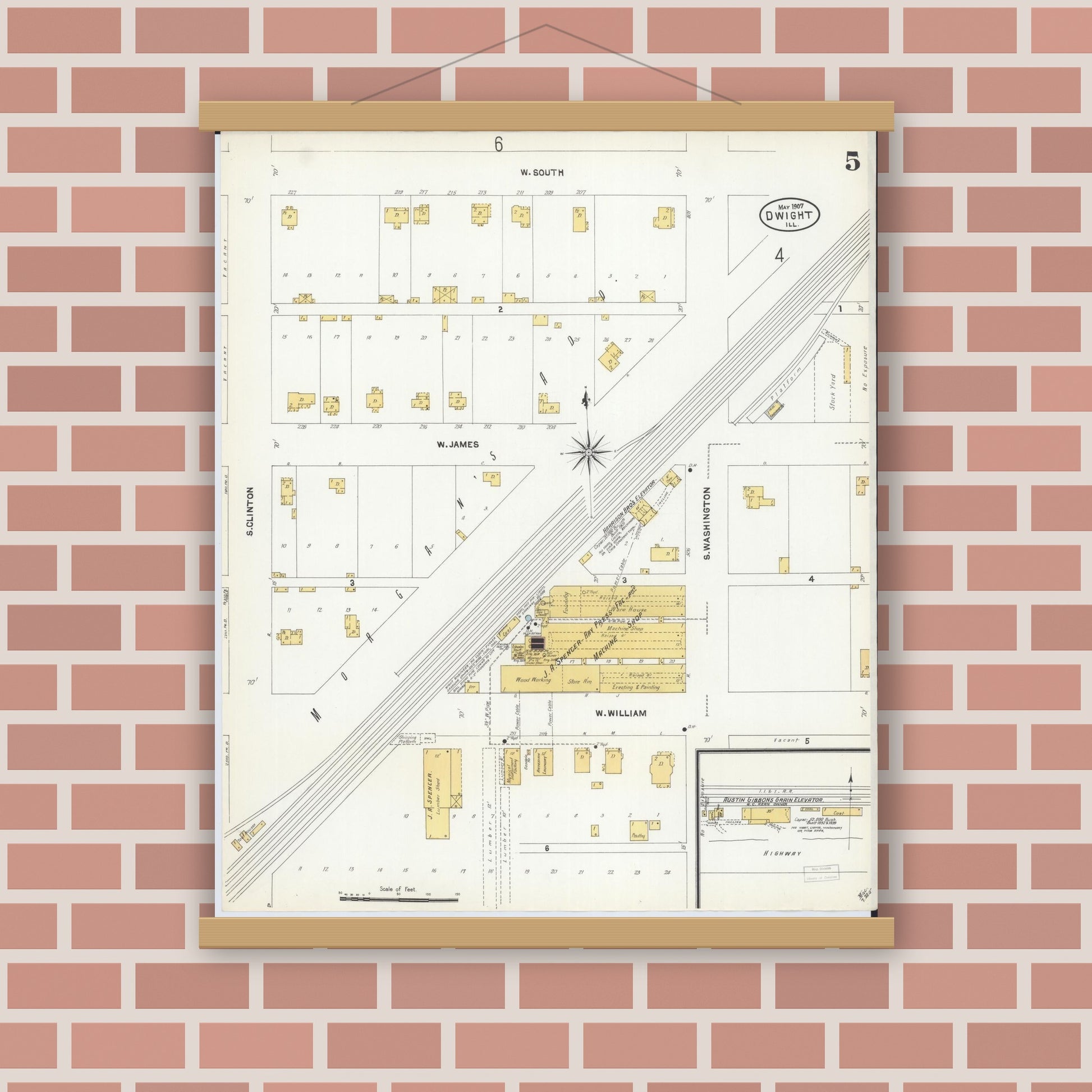 Old map wall art mockup — magnetic wood frame on brick wall — Sanborn Fire Insurance Map from Dwight, Livingston County, Illinois (1907), Sheet #0005