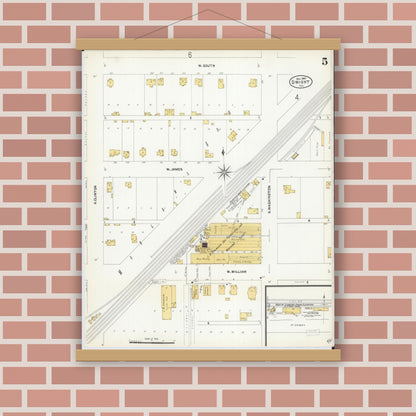 Old map wall art mockup — magnetic wood frame on brick wall — Sanborn Fire Insurance Map from Dwight, Livingston County, Illinois (1907), Sheet #0005