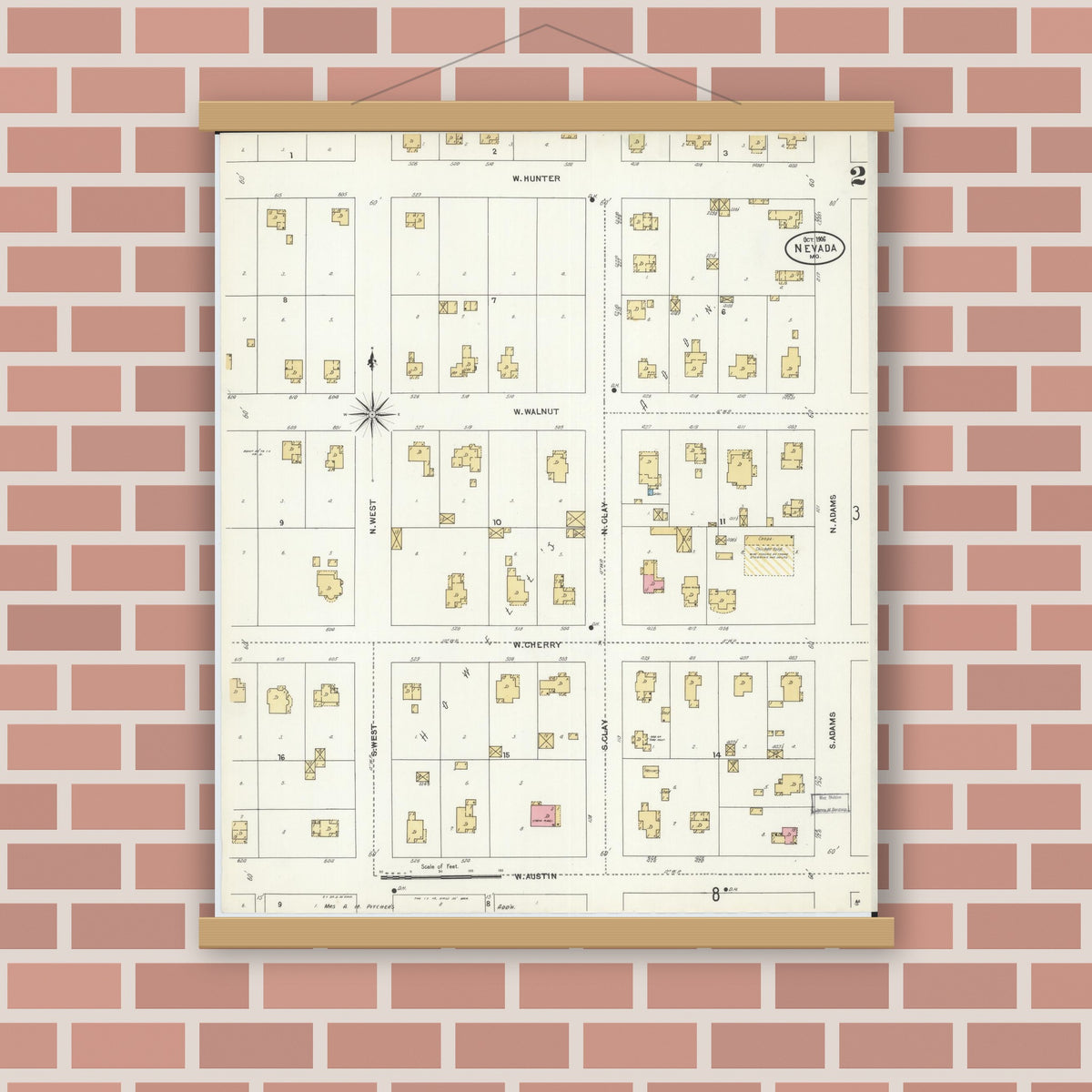 Old map wall art mockup — magnetic wood frame on brick wall — Sanborn Fire Insurance Map from Nevada, Vernon County, Missouri (1906), Sheet #0002