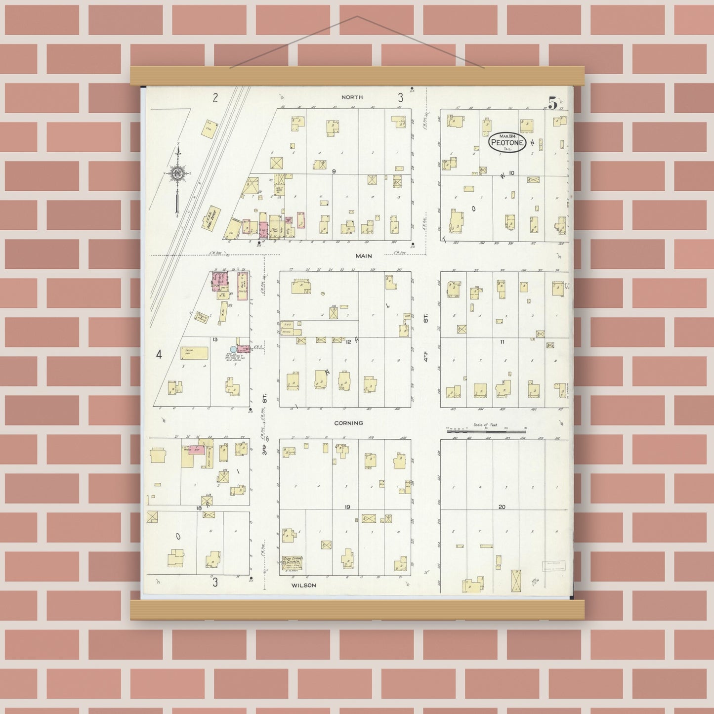 Old map wall art mockup — magnetic wood frame on brick wall — Sanborn Fire Insurance Map from Peotone, Will County, Illinois (1914), Sheet #0005