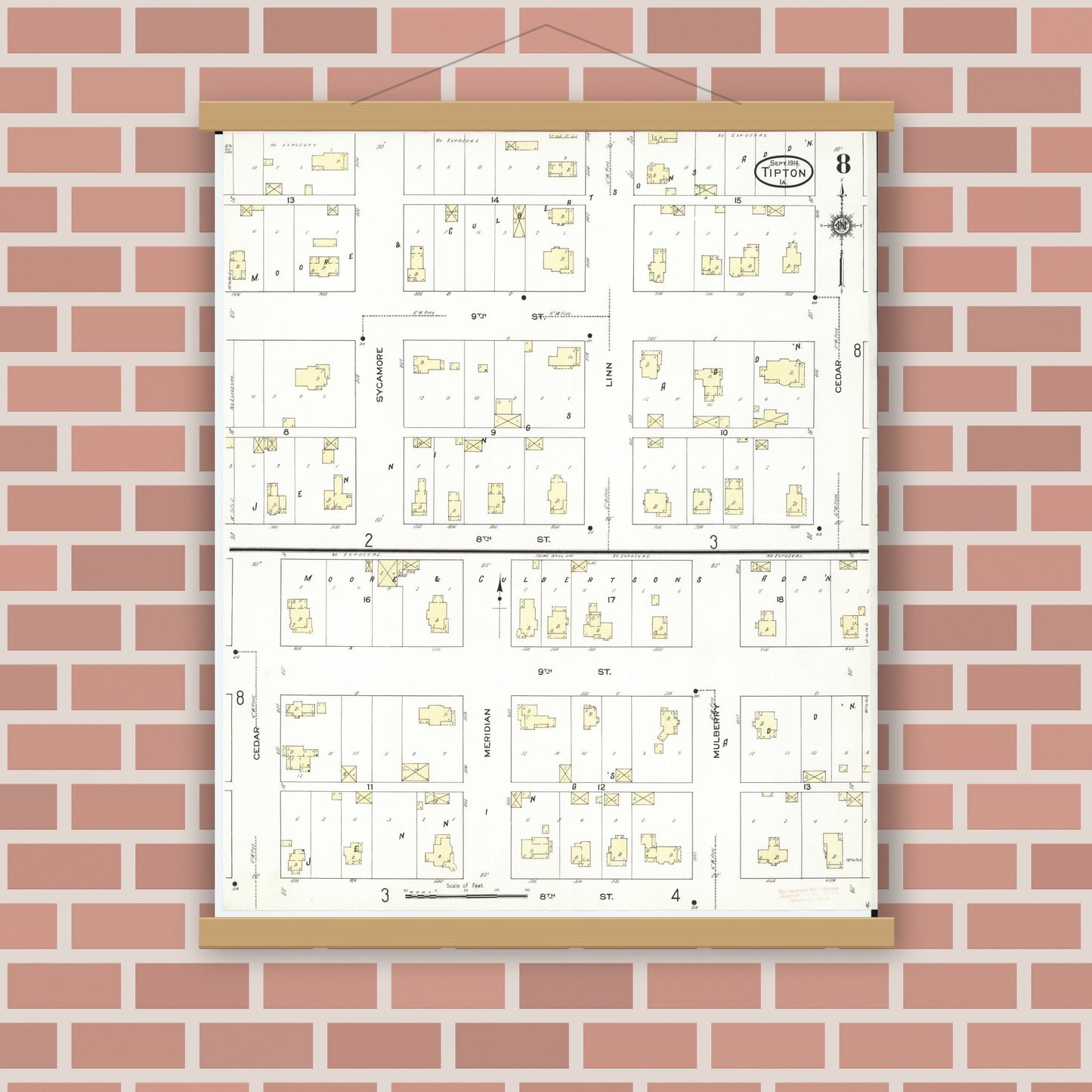 Old map wall art mockup — magnetic wood frame on brick wall — Sanborn Fire Insurance Map from Tipton, Cedar County, Iowa (1914), Sheet #0008